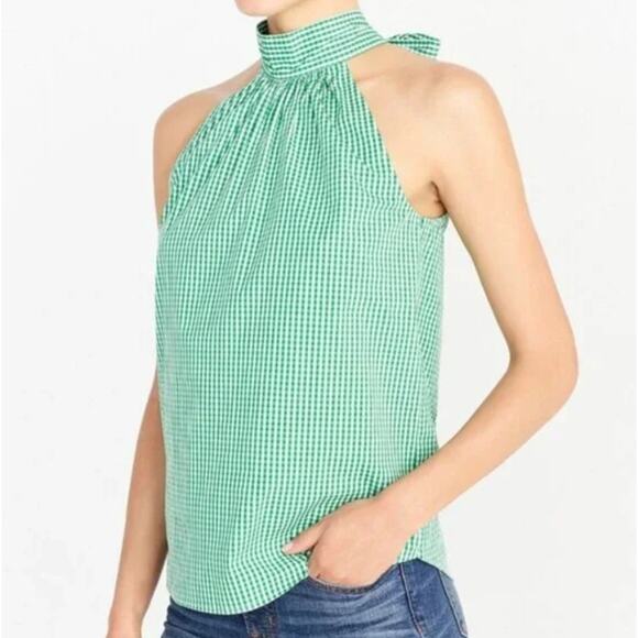 J Crew Tank Top Halter Tank Top High Neck Tank Top Gingham Top 10 Green White - Picture 5 of 8